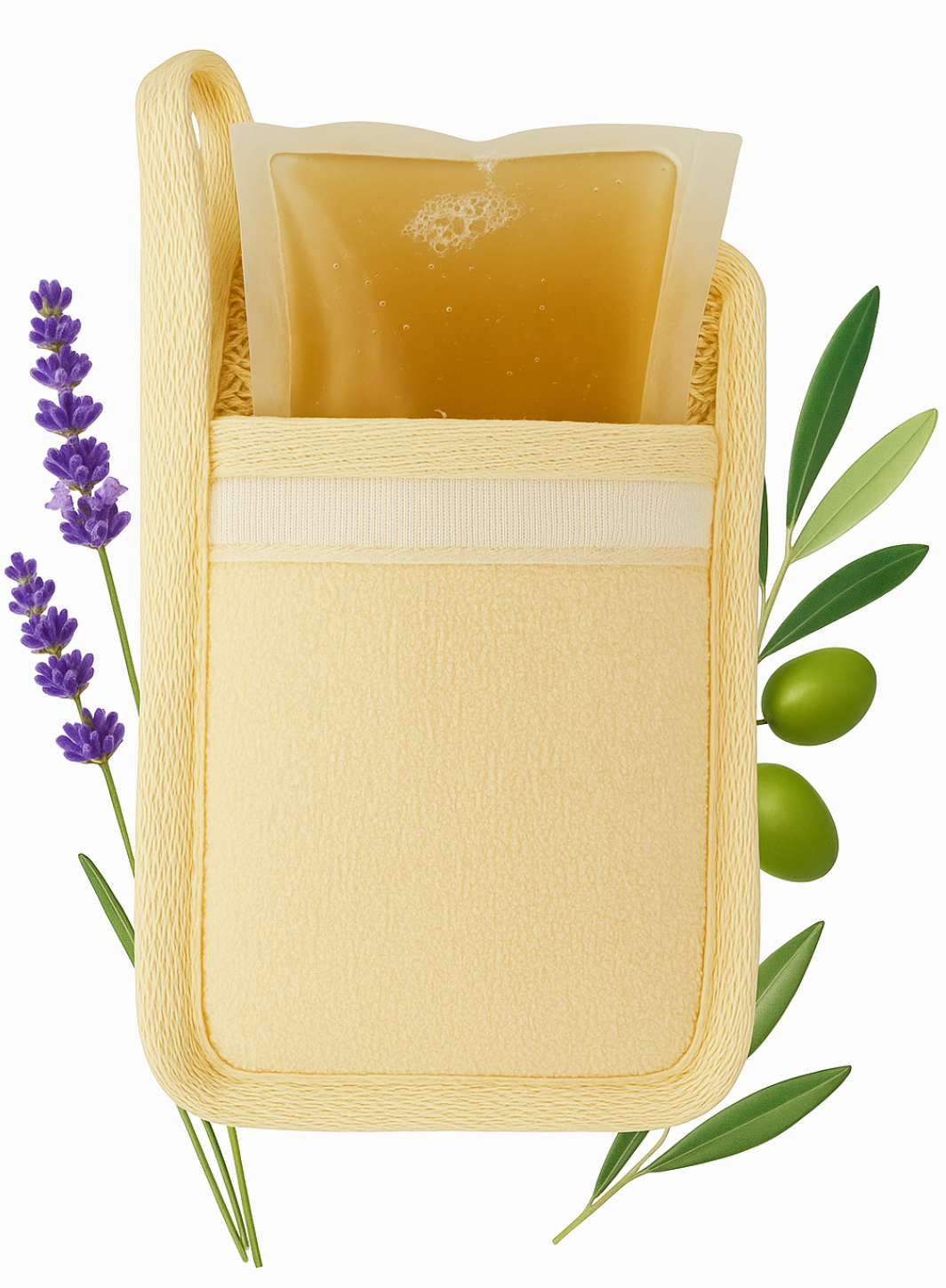 Natural Loofah with Pocket & Lavender & Olive Oil Shower Gel Pouch