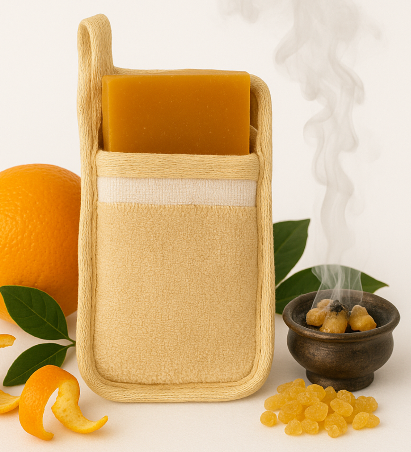 Natural Loofah with Pocket + Camel Milk Handmade Soap - Orange & Frankincense