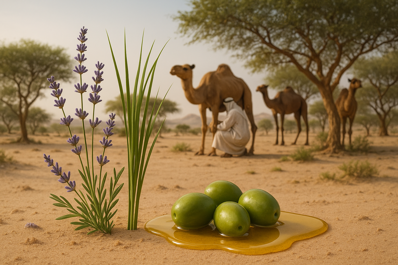 ok add a bedouin milking the camel